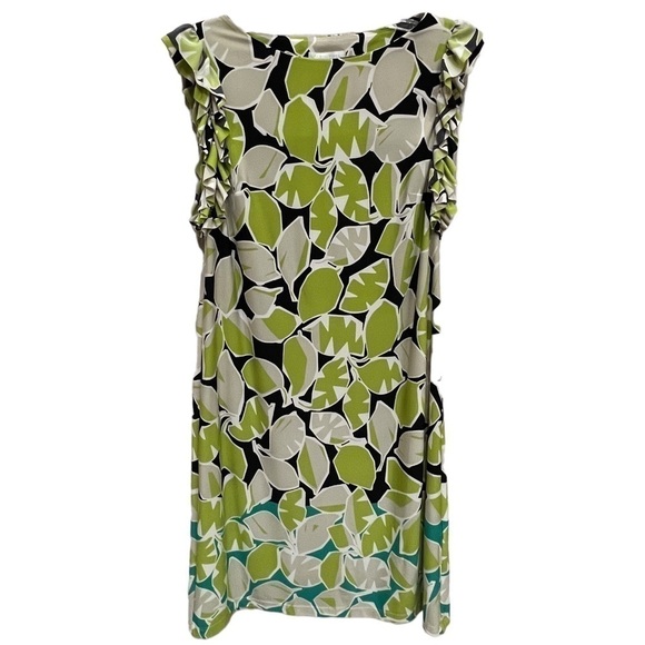 London Times Lime Green Leaves Ruffled Shift Dress, Size 4 - Picture 1 of 14